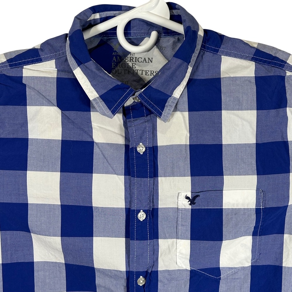 American Eagle Mens XL Athletic Fit Blue White Buffalo‎ Check Button Down Shirt